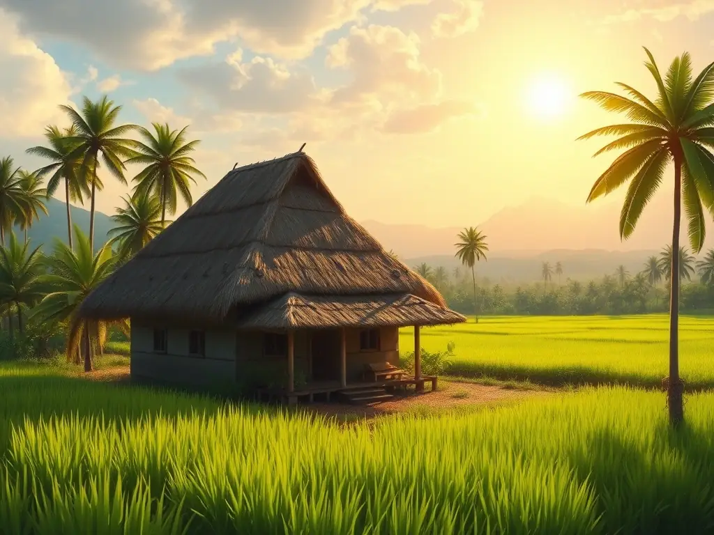 A lush green landscape with a traditional Mauritian house, representing countryside living and the unique charm of rural properties, emphasizing the importance of property type and location filters.