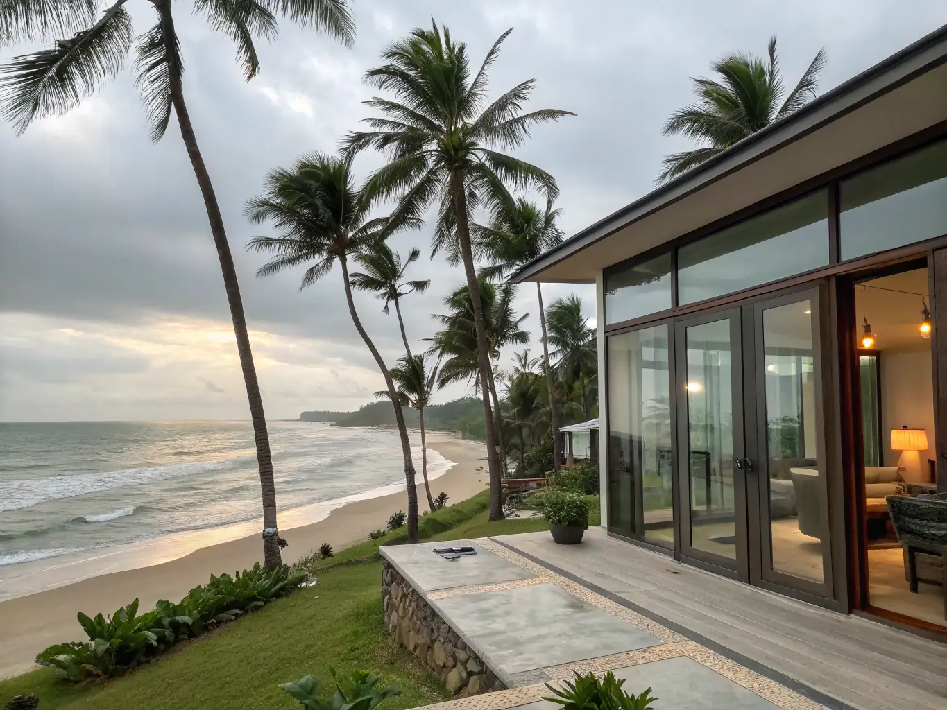 A high-resolution photograph showcasing a luxurious beachfront villa in Mauritius, with clear blue waters and palm trees in the background, representing the villa property type.
