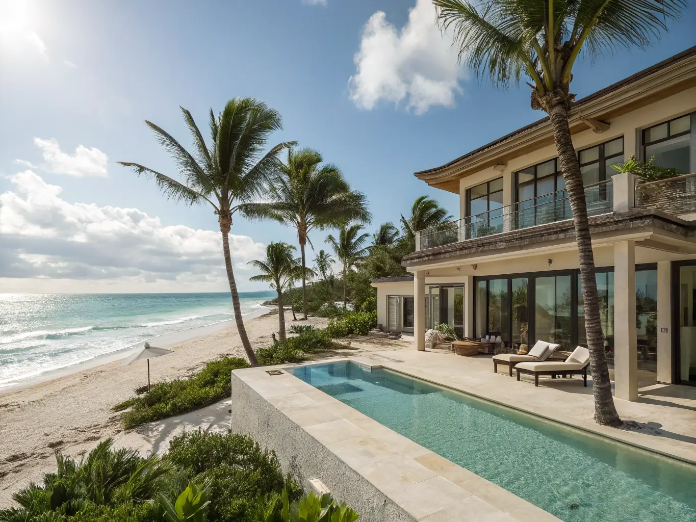 A high-quality photo of a luxurious beachfront villa in Grand Baie, Mauritius, showcasing its private pool, ocean views, and modern architecture. The image should convey a sense of luxury and relaxation.