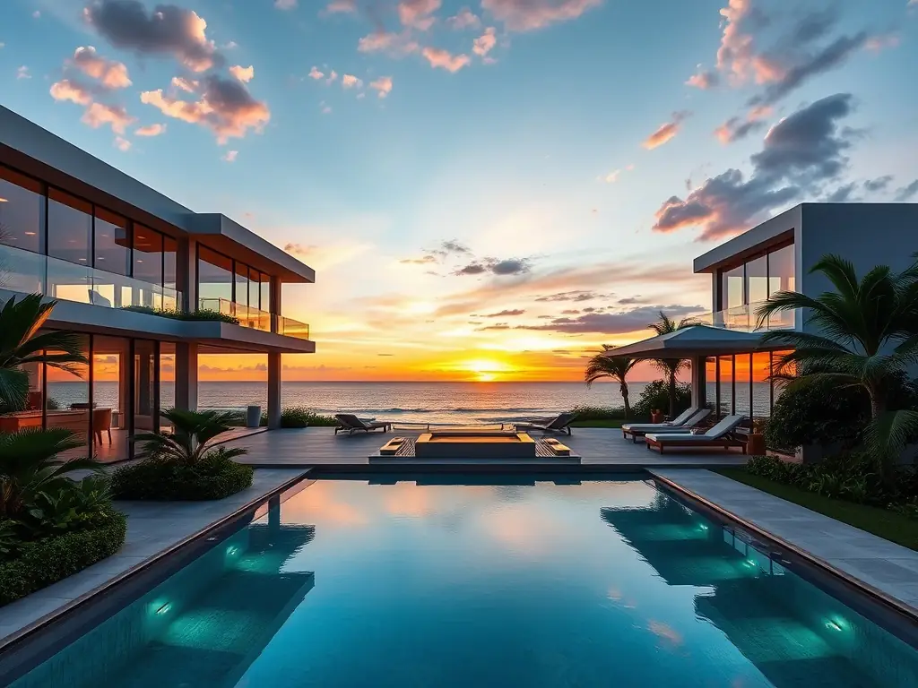 A modern villa with an infinity pool overlooking the ocean in Mauritius, showcasing luxury living and the importance of location filters.